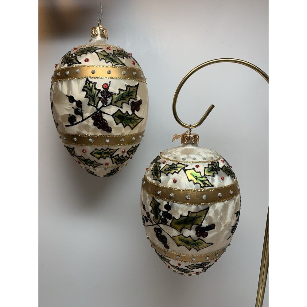 Christmas Ornaments Holly And Berries Egg Shaped Bejeweled Holiday Decor READ